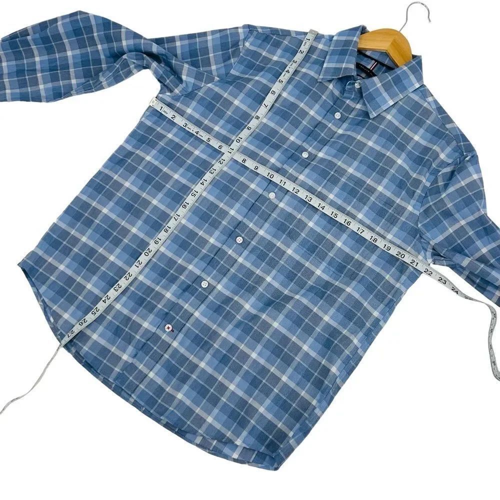 Tommy Hilfiger blue plaid all season stretch dress shirt size medium - Picture 4 of 7